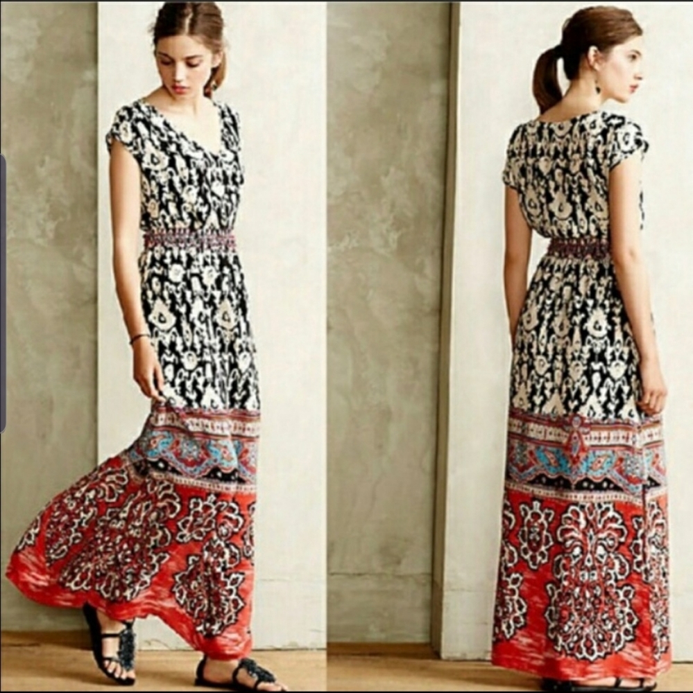 Anthropologie Vanessa Virginia Chennai  Beaded Lined Maxi Dres 100% Silk 0